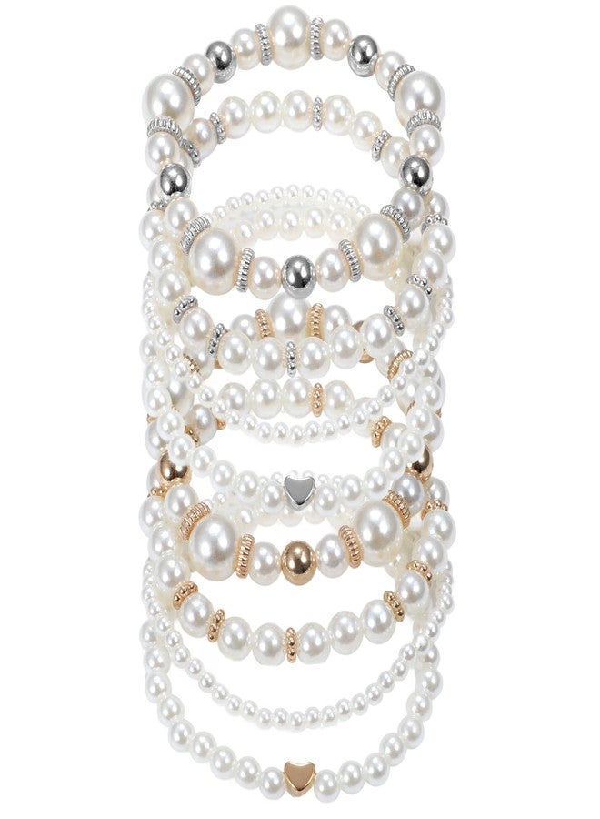 KFHENSOMR 8 Pack Pearl Bracelets for Women Simulated Pearl Beaded Stackable Bracelet Set White Pearls Stretch Bracelet Set Multilayered Elastic Pearls Bracelets Bangles for Women Bridal Boho Jewelry - Image 1